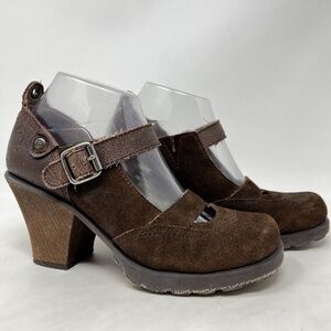 London Underground Vintage 90s Leather Platform Wood Chunky Heel Sandal Sz 8.5